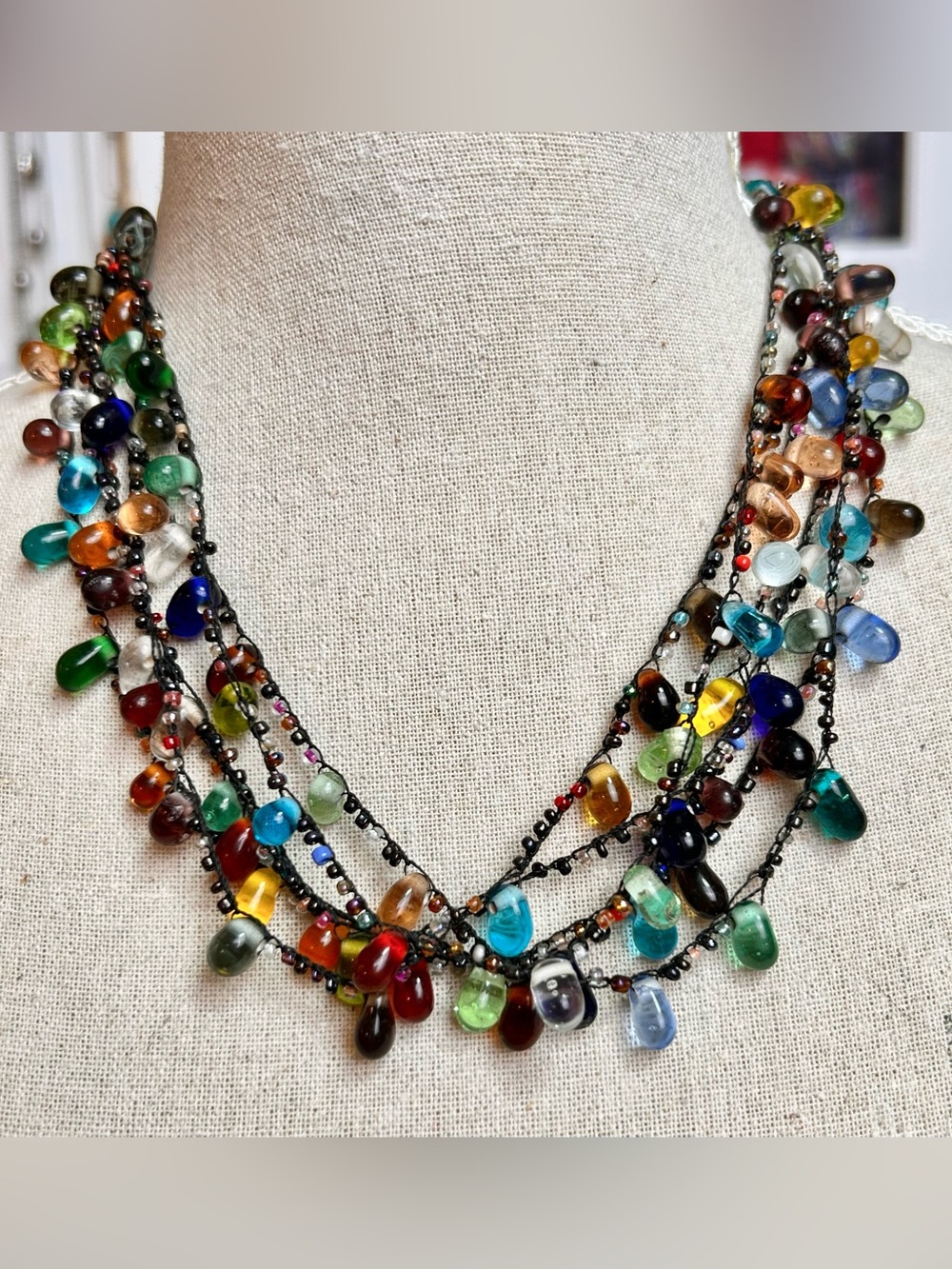 'ZAD Festival Rainbow Glass Bead Waterfall Fringe Choker Necklace